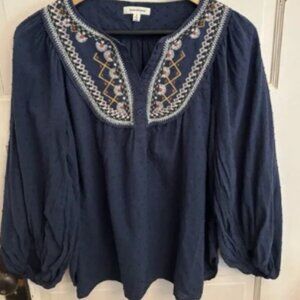 Max Studio Women's Navy Embroidered Floral Blouse Balloon Sleeves Size Small $98